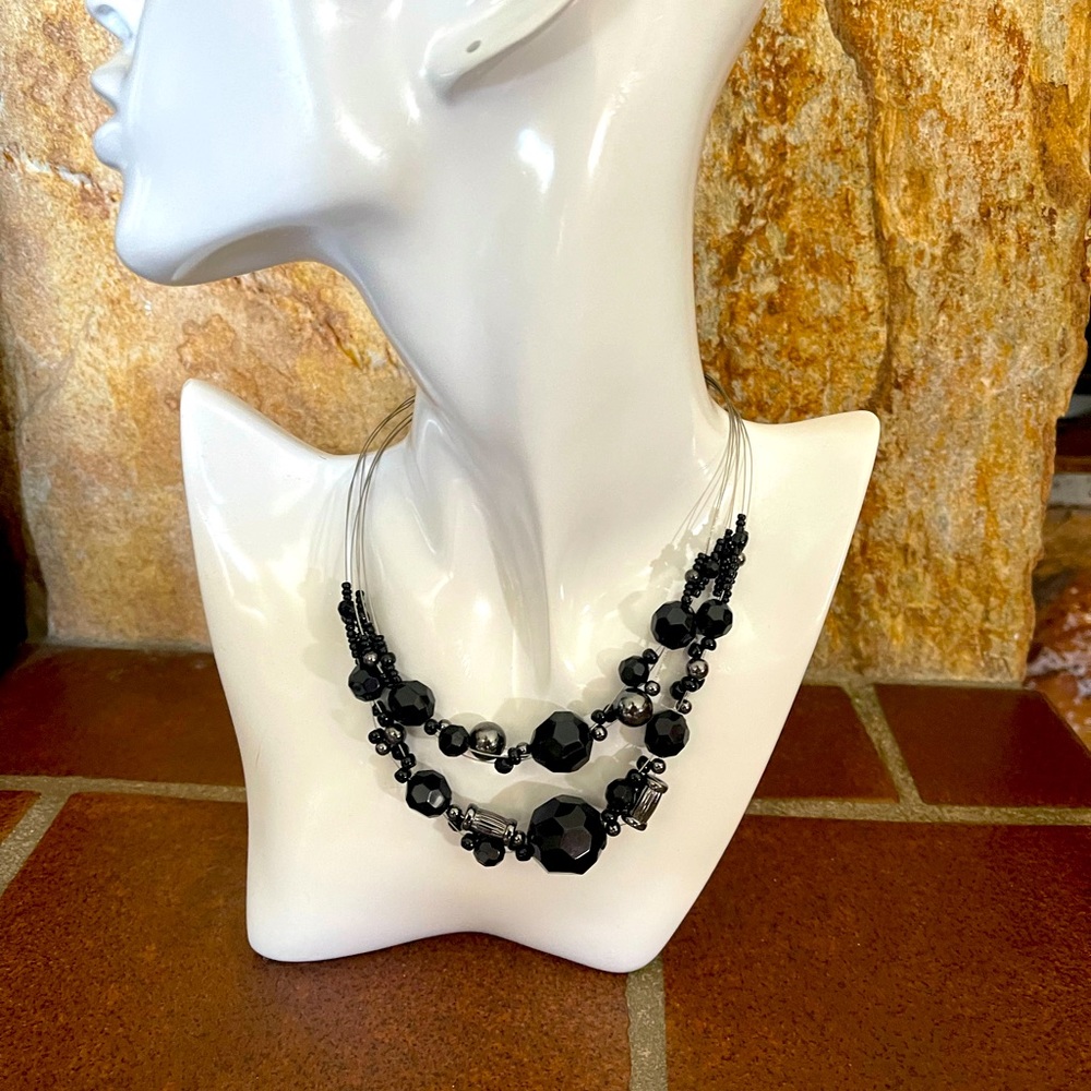 Black Bead 2 Strands Necklace with Lobster Claw